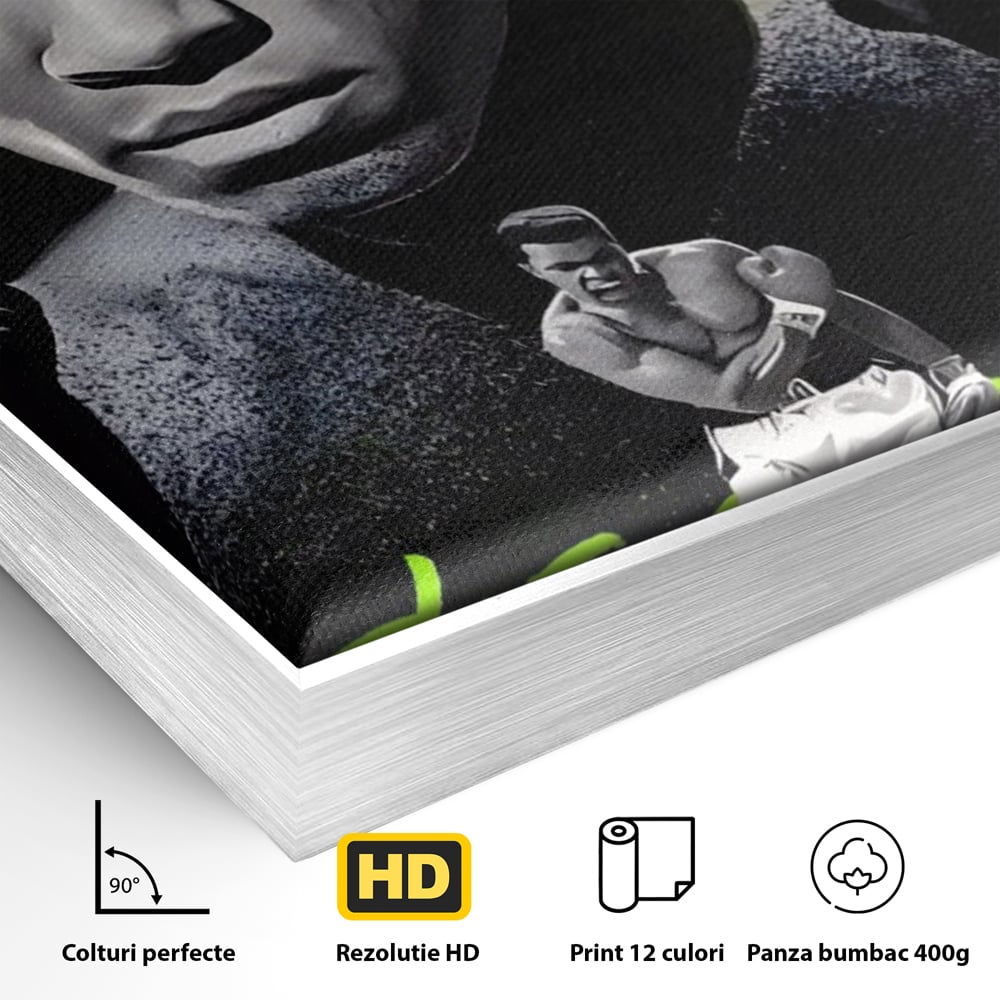 Detaliu al suprafetei: tablou canvas cu portretul lui muhammad ali, in rama de aluminiu argintiu